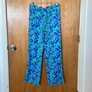 Lilly Pulitzer Iconic Colors Blue Green Elephant Print Pants Front & Back Pocket